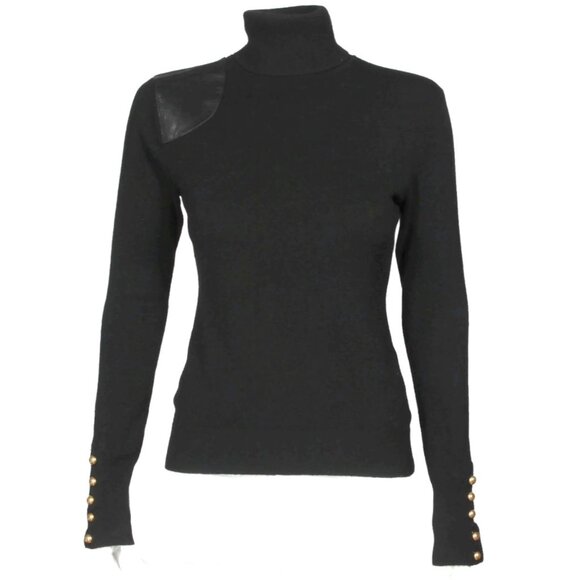 RALPH LAUREN 100% Cashmere Black Leather Shoulder Turtleneck Sweater size M /240 - Picture 2 of 9